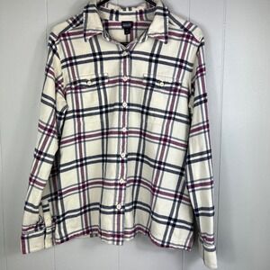 Patagonia Cream Plaid Button-Down Shirt with Navy and Maroon Stripes